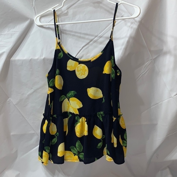 MUDPIE Navy & Yellow Lemon Print Tank Top w/ Ruffle and spaghetti straps Size XS - Picture 1 of 6
